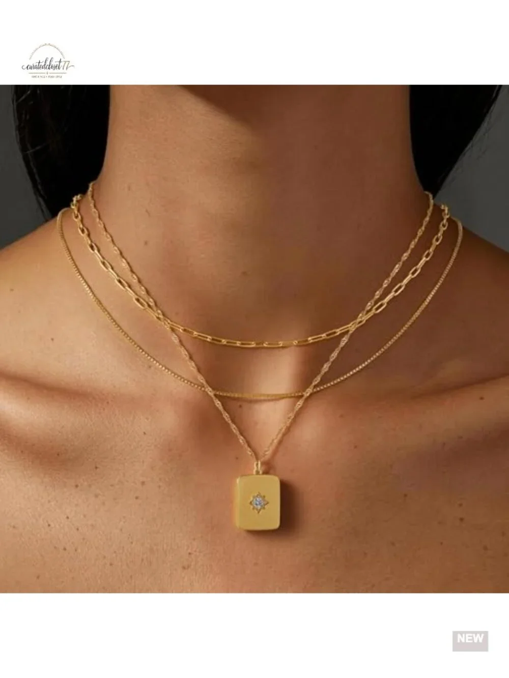 14K Gold Plated Layered Heart Square Pendant Necklace 3-in-1
